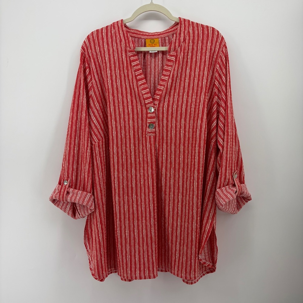 Ruby Rd Womens 3X Red Striped Tunic Roll Tab Sleeve Textured Split Neck Top